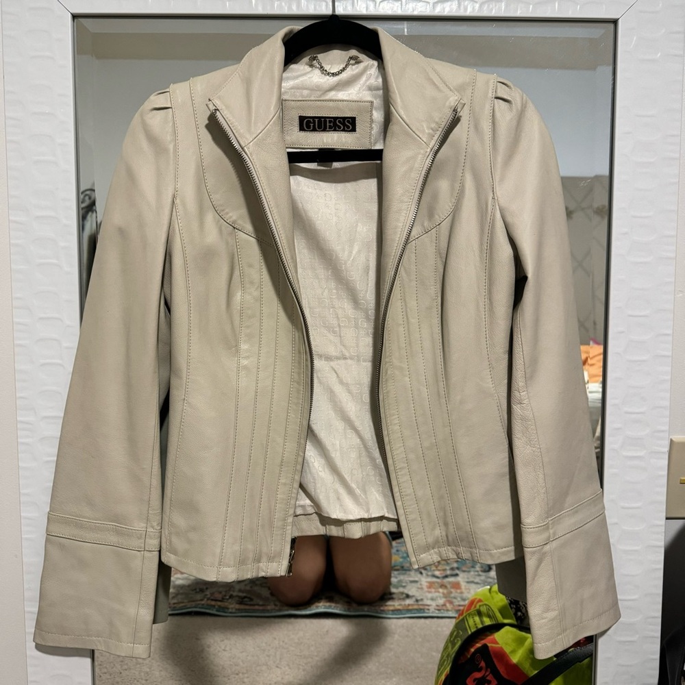 Guess Leather Motorcycle Jacket | Cream